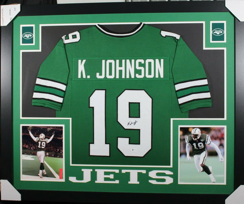 KEYSHAWN JOHNSON (Jets green SKYLINE) Signed Autographed Framed Jersey Beckett