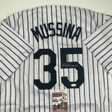 Autographed/Signed MIKE MUSSINA New York Pinstripe Baseball Jersey JSA COA Auto