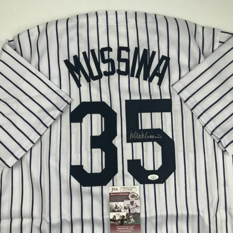 Autographed/Signed MIKE MUSSINA New York Pinstripe Baseball Jersey JSA COA Auto