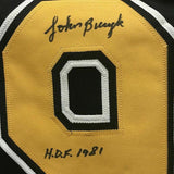 FRAMED Autographed/Signed JOHNNY BUCYK 33x42 Boston Black Hockey Jersey JSA COA