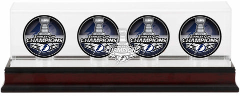 Lightning 2021 Stanley Cup Champs Mahogany Four Hockey Puck Logo Display Case