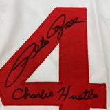 Framed Autographed/Signed Pete Rose 33x42 Charlie Hustle White Jersey JSA COA