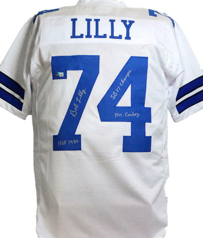 Bob Lilly Autographed White Pro Style Jersey w/ 3 Insc- Beckett W *Silver