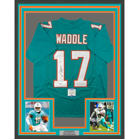 Framed Autographed/Signed Jaylen Waddle 33x42 Miami Teal Jersey Beckett BAS COA