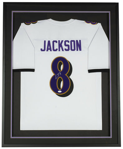 Lamar Jackson Signed Framed Custom White Pro Style Football Jersey JSA Hologram
