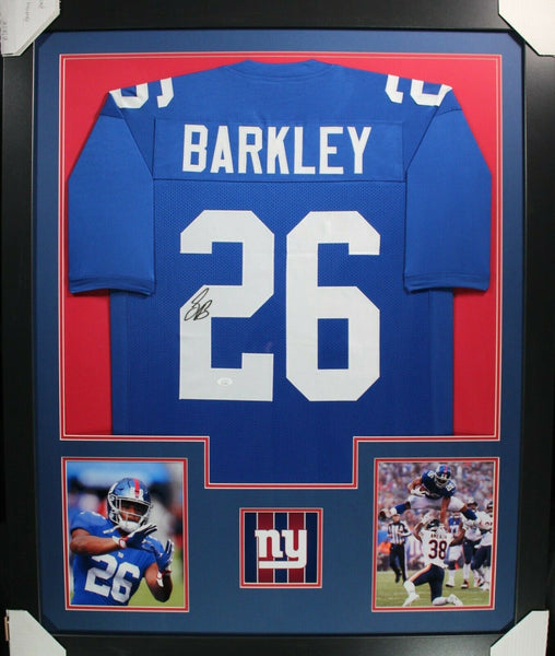 SAQUON BARKLEY (Giants blue TOWER) Signed Autographed Framed Jersey JS –  Super Sports Center