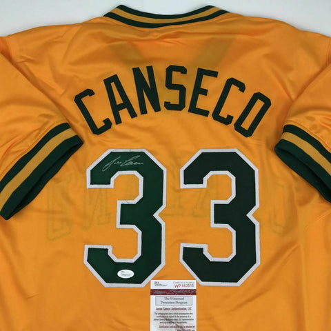 Autographed/Signed JOSE CANSECO Oakland Yellow Baseball Jersey JSA COA Auto