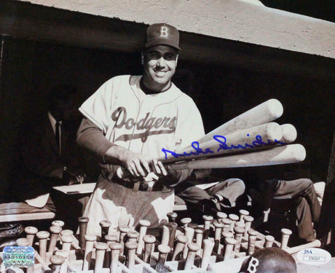 Duke Snider Autographed Dodgers 8x10 B&W Holding Bats Horizontal Photo- JSA*Blue