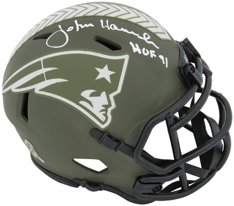 John Hannah Signed Patriots SALUTE Riddell Speed Mini Helmet w/HOF'91 - (SS COA)