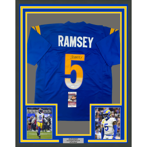Framed Autographed/Signed Jalen Ramsey 33x42 LA Blue Jersey JSA COA