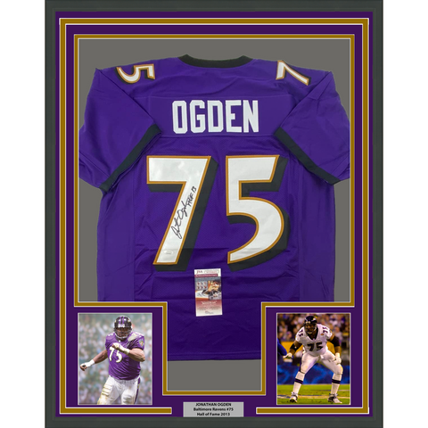 Framed Autographed/Signed Jonathan Ogden 33x42 HOF 13 Baltimore Purple Jersey