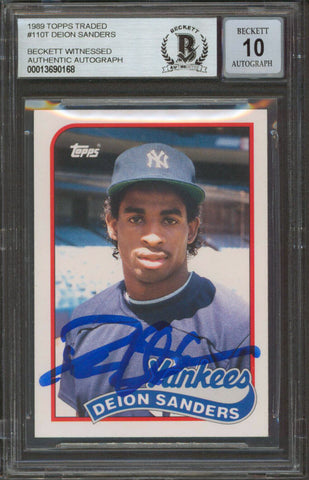 Yankees Deion Sanders Signed 1989 Topps Traded #110T RC Card Auto 10 BAS Slabbed