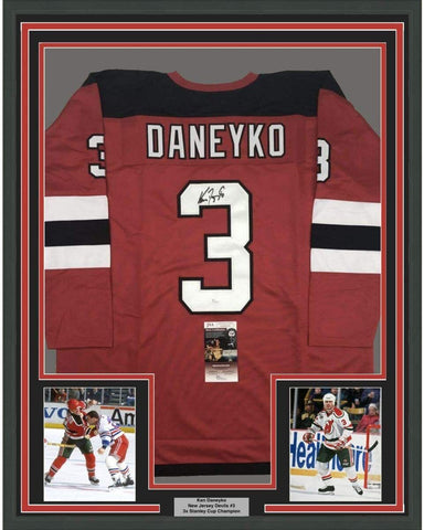 Framed Autographed/Signed Ken Daneyko 33x42 New Jersey Red Jersey JSA COA