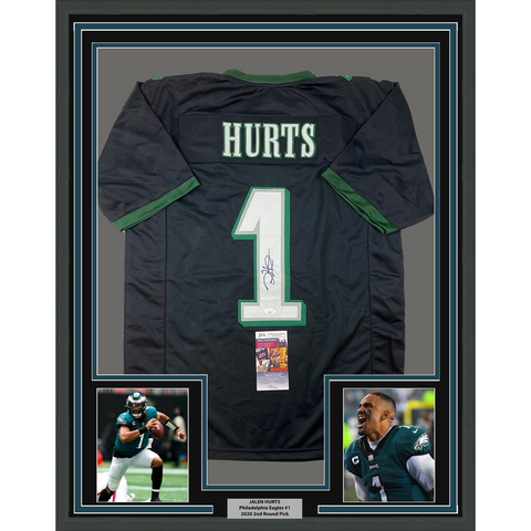 Framed Autographed/Signed Jalen Hurts 33x42 #1 Philadelphia Black Jersey JSA COA