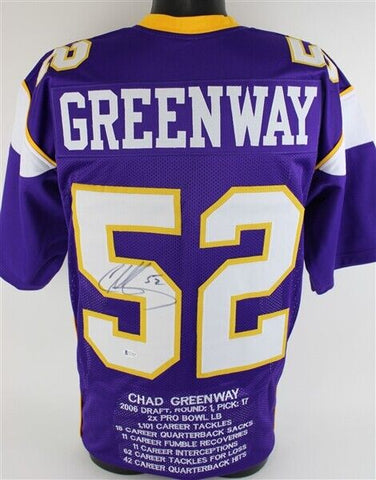 Chad Greenway Signed Minnesota Vikings Career Stat Highlight Jersey Beckett COA