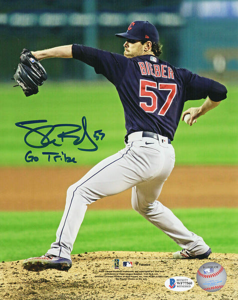 Shane Bieber Signed Cleveland Indians Pitching 8x10 Photo w/Go Tribe - (Beckett)