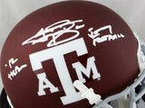 Johnny Manziel Signed A&M Maroon Schutt Mini Helmet w/ 2 Insc- JSA W Auth *Right