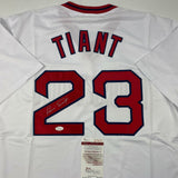 Autographed/Signed Luis Tiant Boston Red Sox White Baseball Jersey JSA COA