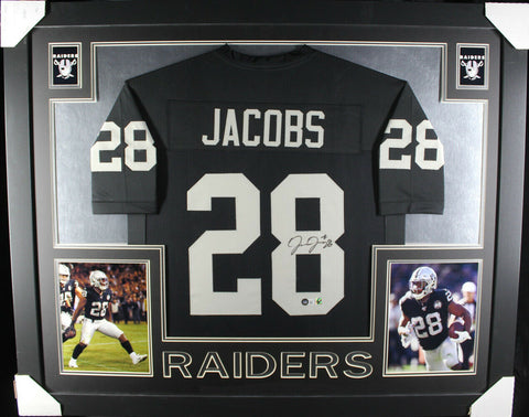 Josh Jacobs Autographed/Signed Pro Style Framed Black XL Jersey Beckett 36194
