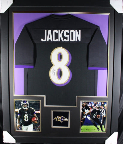 LAMAR JACKSON (Ravens black TOWER) Signed Autographed Framed Jersey JSA
