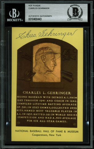 Tigers Charles Gehringer Authentic Signed 3.5x5.5 HOF Plaque Postcard BAS Slab