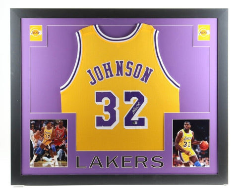 Magic Johnson Signed Los Angeles Lakers 35 x 43 Framed Jersey (Beckett) 5xChamp