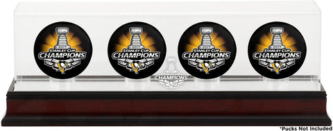 Penguins 2017 Stanley Cup Champs Four Hockey Puck Logo Display Case