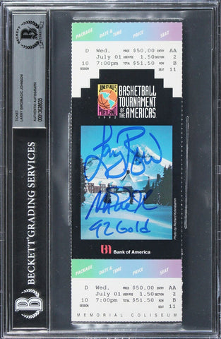 Magic Johnson & Larry Bird "92 Gold" Signed 1992 TOTA Ticket Stub BAS Slabbed 1
