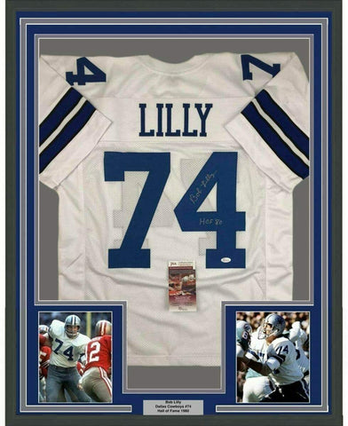 Framed Autographed/Signed Bob Lilly HOF 80 33x42 Dallas White Jersey JSA COA