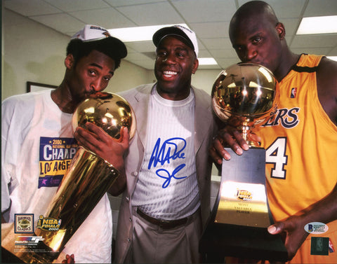 Lakers Magic Johnson Signed 11x14 2000 Finals w/ Shaq & Kobe Photo BAS Witnessed