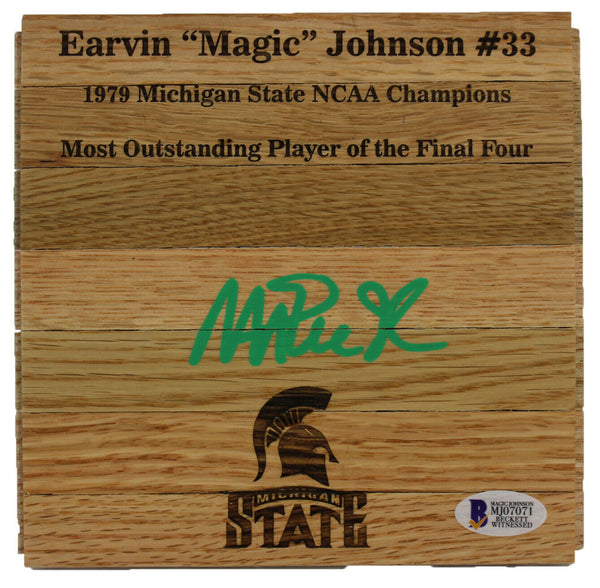 Michigan State Magic Johnson Signed 6x6 Floorboard w/ Green Signature BAS