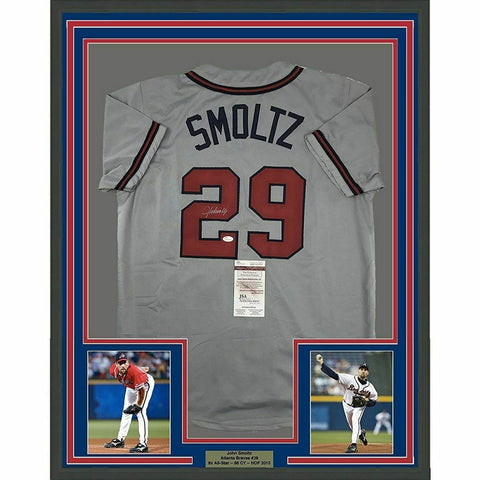 FRAMED Autographed/Signed JOHN SMOLTZ 33x42 Atlanta Grey Baseball Jersey JSA COA