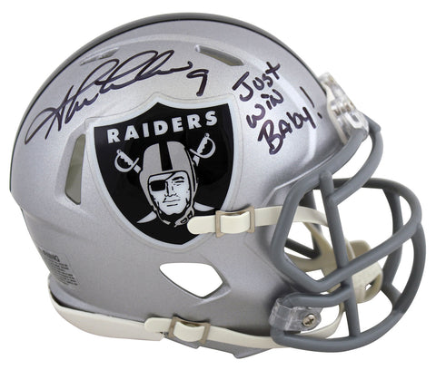Raiders Shane Lechler Just Win Baby Signed Silver Speed Mini Helmet BAS Witness