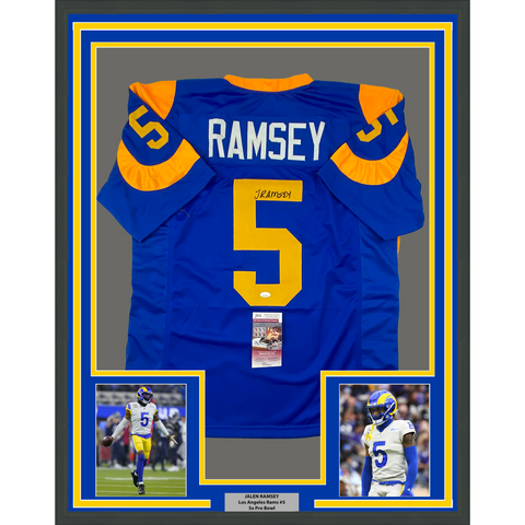 Framed Autographed/Signed Jalen Ramsey 33x42 LA Retro Blue Jersey JSA COA