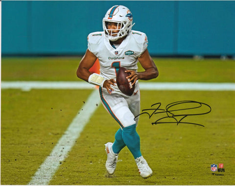 Tua Tagovailoa Miami Dolphins Signed 8" x 10" White Jersey Rolling Out Photo