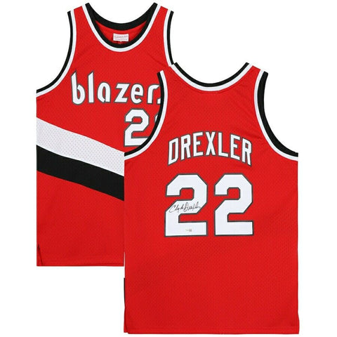 CLYDE DREXLER Autographed Portland Trail Blazers Red Jersey FANATICS