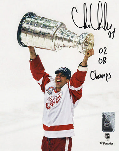 Chris Chelios Signed Red Wings Holding Cup 8x10 Photo w/02, 08 Champs (SS COA)