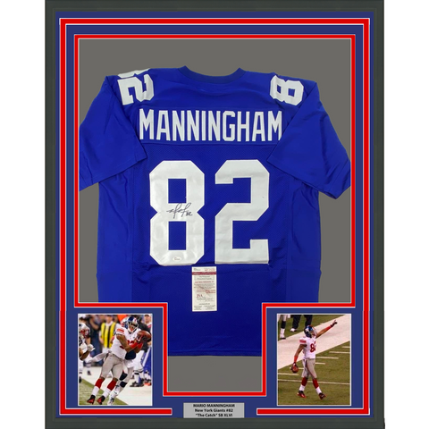 Framed Autographed/Signed Mario Manningham 33x42 New York Blue Jersey JSA COA