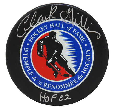 Clark Gillies Signed Hall of Fame Logo Hockey Puck w/HOF'02 - (SCHWARTZ COA)