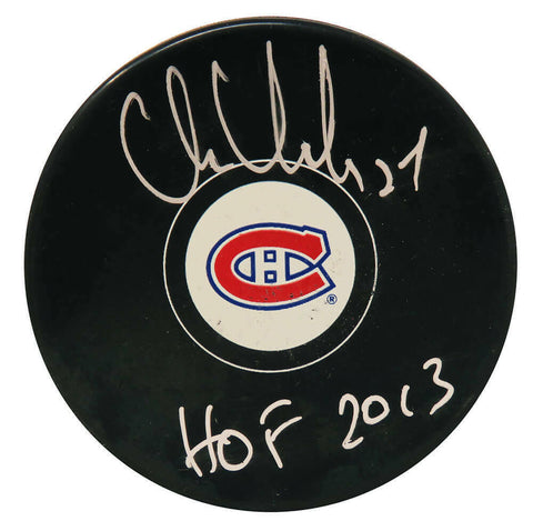 Chris Chelios Signed Montreal Canadiens Logo Hockey Puck w/HOF 2013 SCHWARTZ COA