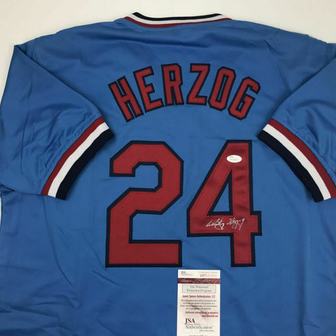 Autographed/Signed WHITEY HERZOG St. Louis Blue Baseball Jersey JSA COA Auto