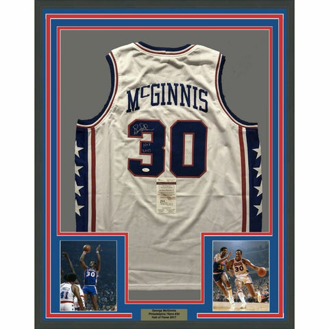 FRAMED Autographed/Signed GEORGE MCGINNIS 33x42 Philly White Jersey JSA COA AUto