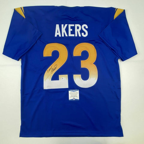 Autographed/Signed CAM AKERS Los Angeles LA Blue Football Jersey Beckett BAS COA