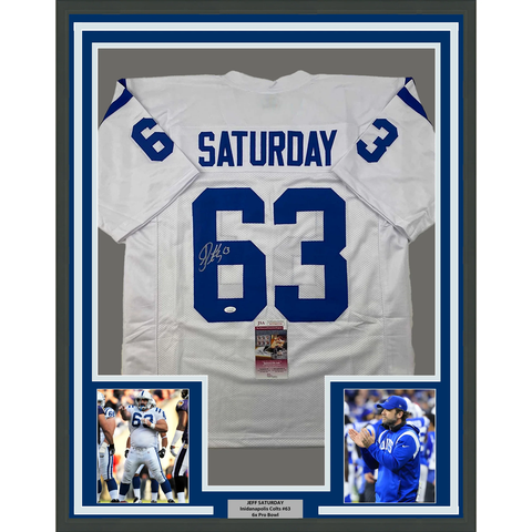 Framed Autographed/Signed Jeff Saturday 33x42 Indianapolis White Jersey JSA COA