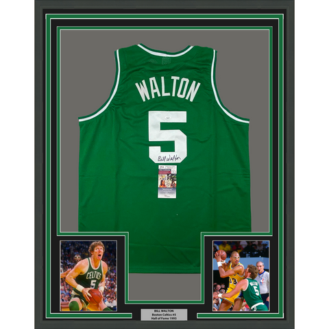 Framed Autographed/Signed Bill Walton 33x42 Boston Green Jersey JSA COA