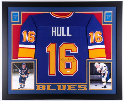 Brett Hull Signed Blues 35" x 43" Custom Framed Jersey (JSA) 741 NHL Goals