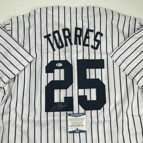 Autographed/Signed GLEYBER TORRES New York Pinstripe Baseball Jersey Beckett COA
