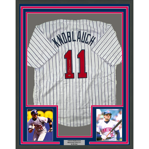 Framed Autographed Chuck Knoblauch 33x42 Pinstripe Jersey Leaf Authentic COA