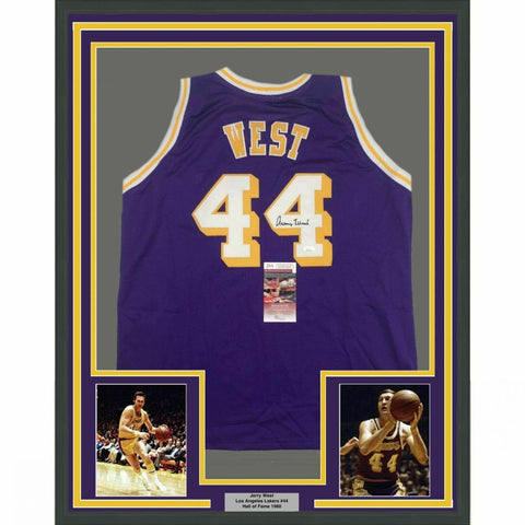 FRAMED Autographed/Signed JERRY WEST 33x42 Los Angeles Purple Jersey JSA COA
