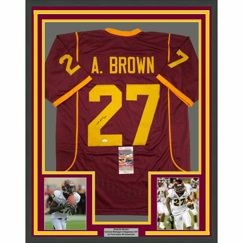 FRAMED Autographed/Signed ANTONIO BROWN 33x42 Central Michigan Jersey JSA COA